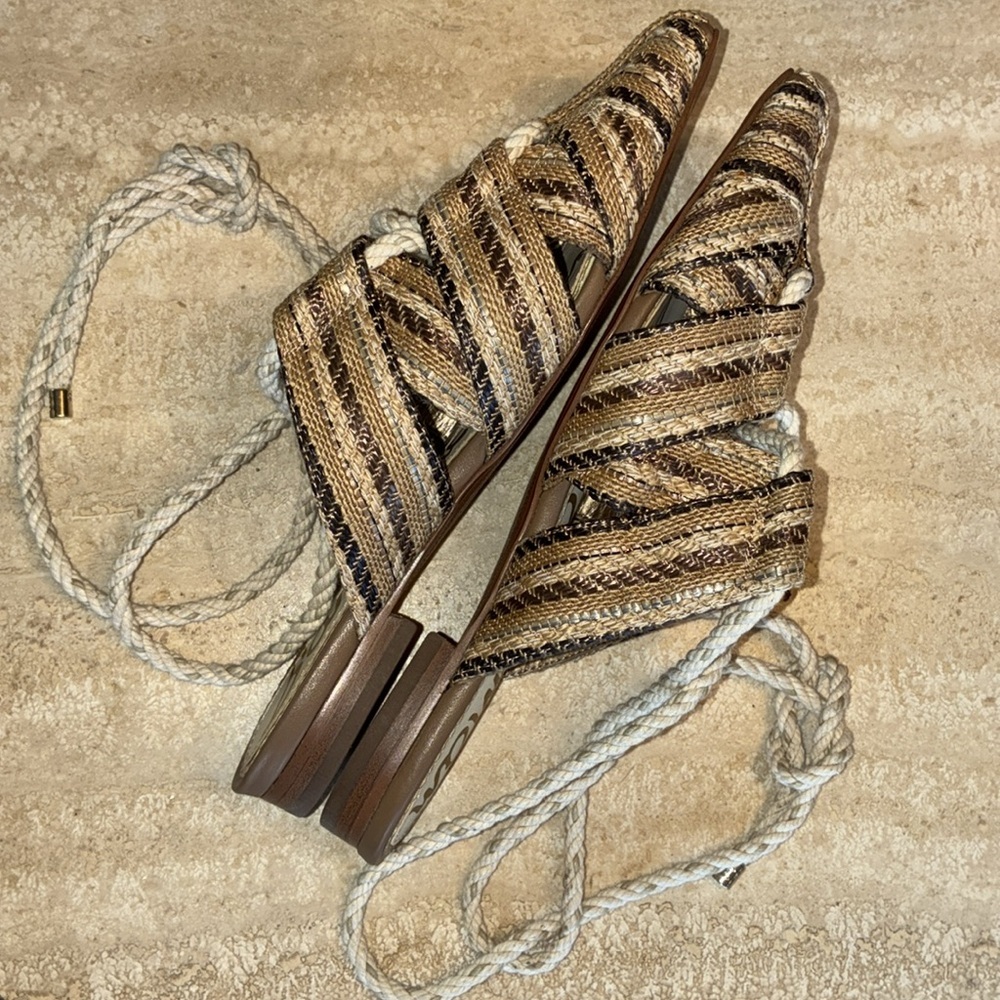 SAM EDELMAN Stylish woven jute flats, tan/brown, rope ankle ties. 7.5 - Picture 7 of 15